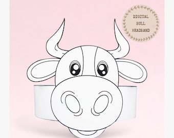Bull paper coloring crown,Animal paper hat for kids,instant download paper crown Animals,Digital party headband,printable party mask,PDF hat