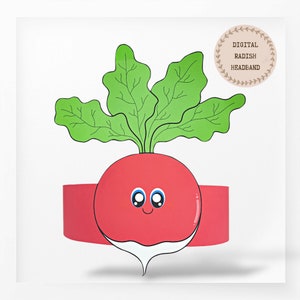 May include: A printable digital headband template featuring a cartoon radish with a red body, white root, and green leaves. The text "DIGITAL RADISH HEADBAND" is in a brown circle with green leaves.
