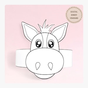 Corona da colorare di carta asino, cappello di carta animale per bambini, download istantaneo corona di carta Animali, fascia per feste digitale, maschera per feste stampabile