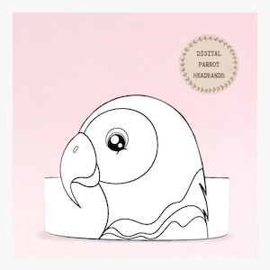 May include: A black and white line drawing of a parrot head on a headband. The parrot has a large eye and a curved beak. The text "DIGITAL PARROT HEADBANDS" is in a circle in the upper right corner. The background is light pink.