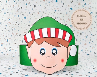 Corona de papel de elfo, sombrero de papel de Navidad para niños, elfo de corona de papel de descarga instantánea, diadema de fiesta digital, máscara de fiesta imprimible