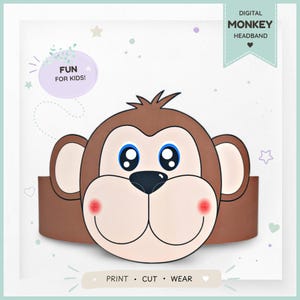 Monkey paper crown, Animal paper hat for kids, instant download paper crown Animals, Digital party headband, printable party mask, PDF hat