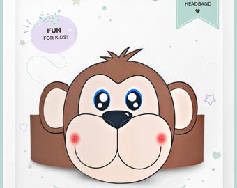 Monkey paper crown, Animal paper hat for kids, instant download paper crown Animals, Digital party headband, printable party mask, PDF hat