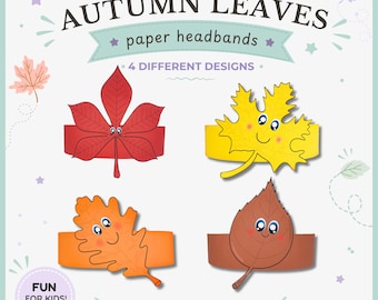 4 Autumn Leaves paper crowns,Autumn paper hat for kids,instant download paper crown,Digital party headband leaf,printable party mask,PDF hat