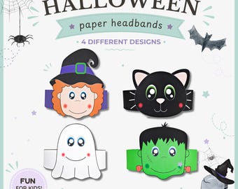 4 Halloween paper crowns, paper hats for kids, instant download paper crowns, digital party headbands, printable party masks, DIY PDF hats
