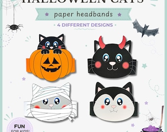 4 Halloween Cats paper crowns,paper hats for kids,instant download paper crowns,digital party headbands,printable party masks,DIY PDF hats
