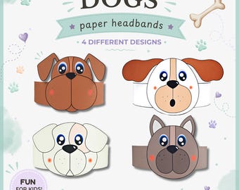 4 Dogs paper crowns, Dogs paper hats for kids, instant download paper crowns Animals, Digital party headbands, printable party masks,