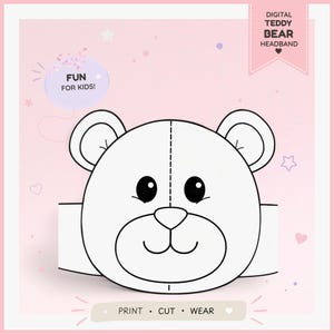 Op de afbeelding: Een digitaal teddybeer hoofdband sjabloon met een zwart-witte lijntekening van een berengezicht met ronde oren, grote ogen en een snuit. Het ontwerp bevat de tekst DIGITAL TEDDY BEAR HEADBAND, FUN FOR KIDS! en de woorden PRINT • CUT • WEAR.