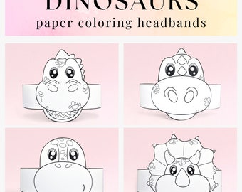 4 Dinosaur paper coloring crowns, Dino paper hats for kids, instant download paper crowns Animals, Digital party headbands, printable masks