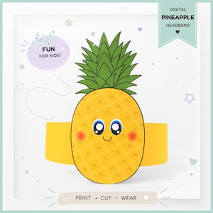 Puede incluir: Una diadema de piña digital con una piña amarilla, una parte superior de hojas verdes, una cara sonriente con ojos azules y mejillas rosadas. El diseño incluye el texto DIGITAL PINEAPPLE HEADBAND, FUN FOR KIDS! y PRINT • CUT • WEAR.