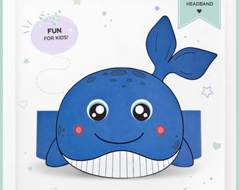Whale paper crown, Animal paper hat for kids, instant download paper crown Animals, Digital party headband, printable party mask, PDF hat