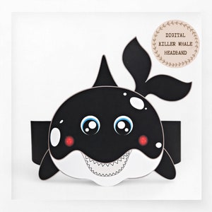 Corona di carta Killer Whale, cappello di carta animale per bambini, corona di carta per download immediato Animali, fascia per feste digitale, maschera da festa stampabile