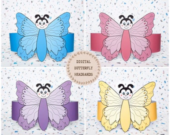 4 Butterfly paper crowns, Butterfly hats for kids, instant download paper crowns Animals, Digital party headbands, printable party masks