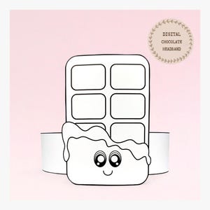 Könnte beinhalten: Schwarz-weiße digitale Illustration eines Schokoriegel-Haarreifs mit einem lächelnden Gesicht und dem Text "DIGITAL CHOCOLATE HEADBAND" in einem kreisförmigen Design. Das Stirnband ist weiß und der Hintergrund ist rosa.