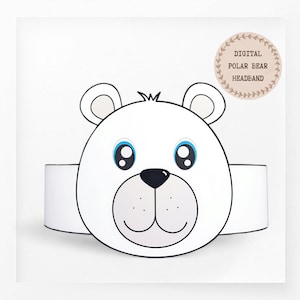Corona di carta orso polare, cappello di carta animale per bambini, corona di carta download istantaneo Animali, fascia per feste digitale, maschera per feste stampabile