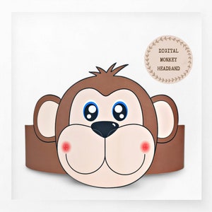 Corona di carta scimmia, cappello di carta animale per bambini, corona di carta download istantaneo Animali, fascia per feste digitale, maschera da festa stampabile, cappello PDF