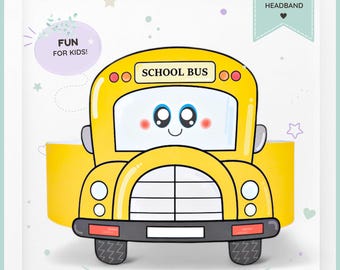 Op de afbeelding: Een digitale schoolbus-hoofdband met een gele busillustratie met een lachend gezicht, grote ogen en rode wangen. Het ontwerp bevat de tekst SCHOOL BUS, FUN FOR KIDS! en PRINT • CUT • WEAR, met sterren en hartjes op een lichte achtergrond.