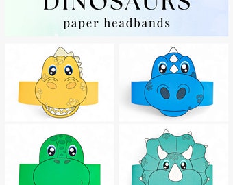 4 Dinosaur paper crowns, Dino paper hats for kids, instant download paper crowns Animals, Digital party headbands, printable party masks