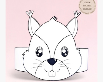 Squirrel paper coloring crown, Animal paper hat for kids, instant download paper crown Animals, Digital party headband, printable party mask
