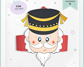 May include: A digital nutcracker headband featuring a cartoon nutcracker face with a black hat, white beard, and red cheeks. The design includes text that reads "DIGITAL NUTCRACKER HEADBAND", "FUN FOR KIDS!", and "PRINT • CUT • WEAR" on a red band.