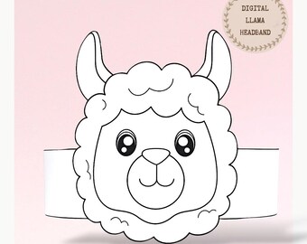 Llama paper coloring crown, Animal hat for kids, instant download paper crown Alpaca, Digital party headband, printable party mask,PDF hat