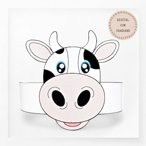 Corona di carta mucca, cappello di carta animale per bambini, corona di carta download istantaneo Animali, fascia per feste digitale, maschera da festa stampabile, cappello PDF