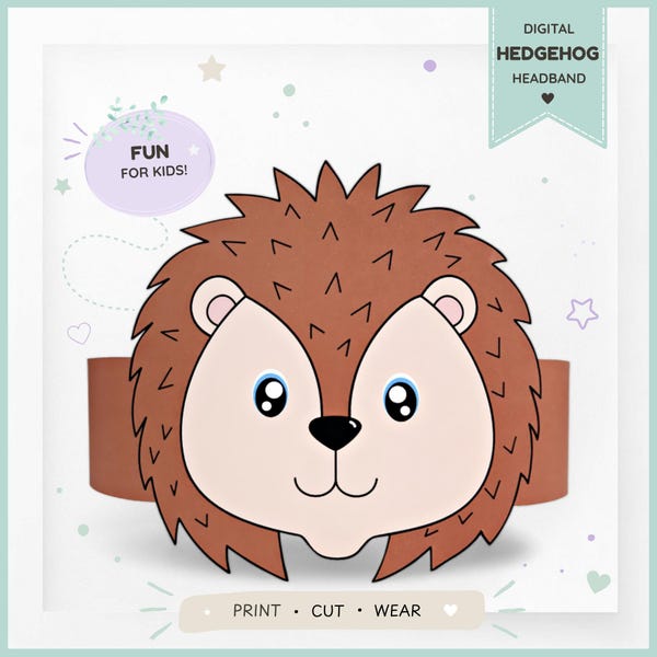Hedgehog paper crown, Animal paper hat for kids, instant download paper crown Animals, Digital party headband, printable party mask,PDF hat