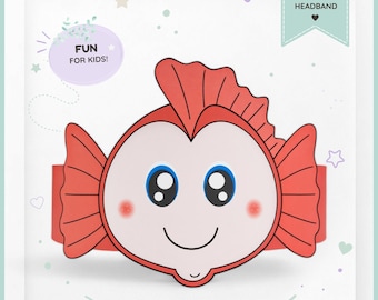 Fish paper crown, Animal paper hat for kids, instant download paper crown Animals, Digital party headband, printable party mask, PDF hat