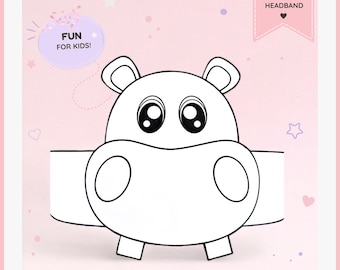 Hippo paper coloring crown, Animal paper hat for kids, instant download paper crown Animals, Digital party headband, printable party mask