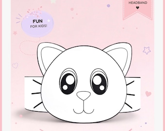 Cat paper coloring crown, Animal paper hat for kids, instant download paper crown Animals, Digital party headband, printable party mask