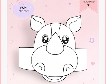 May include: A digital rhino headband craft template featuring a black and white line art illustration of a rhinoceros face. The design includes text that reads DIGITAL RHINO HEADBAND, FUN FOR KIDS!, and PRINT • CUT • WEAR on a light pink background.