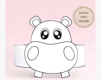 Hippo paper coloring crown, Animal paper hat for kids, instant download paper crown Animals, Digital party headband, printable party mask