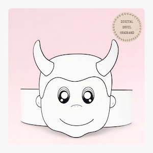 May include: A printable black and white devil headband craft. The headband features a simple cartoon devil face with horns, eyes, and a smile.