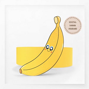 May include: A yellow banana with a smiling face and big eyes. The banana is wearing a yellow headband. The text "DIGITAL BANANA HEADBAND" is written on a brown circle with a leafy border.