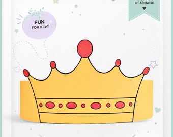 Könnte beinhalten: Eine digitale Kronen-Stirnband-Vorlage mit einer gelben Krone und roten kreisförmigen Akzenten. Die Grafik enthält den Text DIGITAL CROWN HEADBAND, FUN FOR KIDS! und PRINT CUT WEAR, umgeben von kleinen Sternen, Herzen und Punkten auf weißem Grund.
