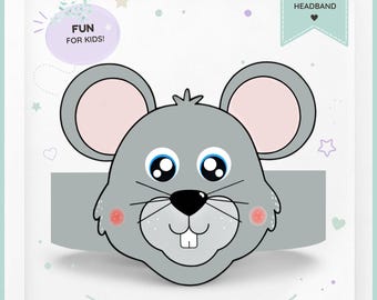 Mouse paper crown, Animal paper hat for kids, instant download paper crown Animals, Digital party headband, printable party mask, PDF hat