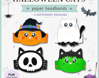 4 Halloween Cats paper crowns,paper hats for kids,instant download paper crowns,digital party headbands,printable party masks,DIY PDF hats