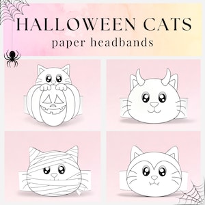 May include: Halloween-themed paper headbands featuring cat designs. The headbands include a cat with a pumpkin, a cat with devil horns, a mummy cat, and a vampire cat. The text "HALLOWEEN CATS paper headbands" is at the top.