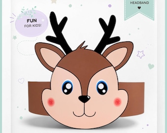 Reindeer paper crown, Animal paper hat for kids, instant download paper crown Animals, Digital party headband, printable party mask,