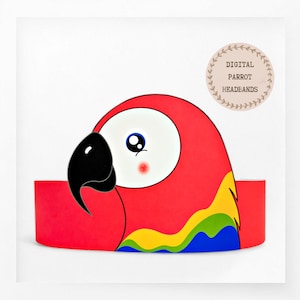 May include: Printable digital template for a red, yellow, blue, and green parrot headband. The parrot has a black beak and white eyes. The text "DIGITAL PARROT HEADBANDS" is in a circle with a brown leafy border.