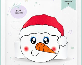 Snowman in a Santa hat paper crown,Christmas paper hat for kids,instant download  winter crown,Digital party headband,printable party mask