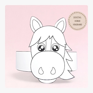 Corona di carta da colorare a forma di cavallo, cappello di carta a forma di animale per bambini, corona di carta con download immediato di animali, fascia per capelli digitale per feste, maschera per feste stampabile