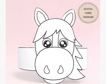Horse paper coloring crown, Animal paper hat for kids, instant download paper crown Animals, Digital party headband, printable party mask