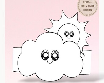 Sun and Cloud paper coloring crown,Weather hat for kids,instant download paper crown Astronomy,Digital party headband,printable party mask