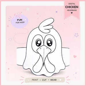 Puede incluir: Una plantilla digital para diadema de pollo con una ilustración de líneas en blanco y negro de una cara de pollo. El diseño incluye el texto DIGITAL CHICKEN HEADBAND, FUN FOR KIDS y PRINT CUT WEAR sobre un fondo rosa claro.