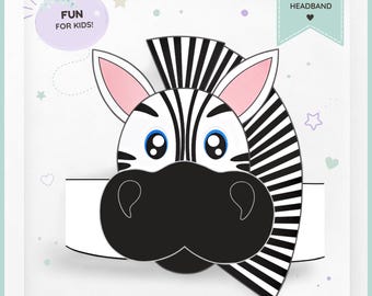 May include: A digital zebra headband craft featuring a black and white striped zebra face with pink-lined ears and blue eyes. The design includes text that reads DIGITAL ZEBRA HEADBAND, FUN FOR KIDS!, and PRINT • CUT • WEAR on a white background.