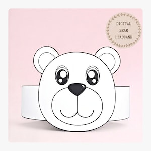 Corona di carta da colorare con orso, cappello di carta con animali per bambini, corona di carta con download immediato di animali, fascia per capelli digitale per feste, maschera per feste stampabile