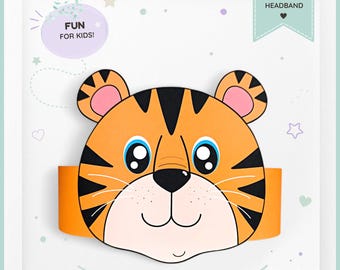 Tiger paper crown, Animal paper hat for kids, instant download paper crown Animals, Digital party headband, printable party mask, PDF file