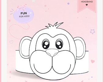 Monkey paper coloring crown, Animal paper hat for kids, instant download paper crown Animals, Digital party headband, printable party mask