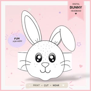 May include: A digital bunny headband craft template featuring a black and white line art rabbit face with large eyes, long ears, and whiskers. The pink background includes text that reads DIGITAL BUNNY HEADBAND, FUN FOR KIDS!, and PRINT • CUT • WEAR.
